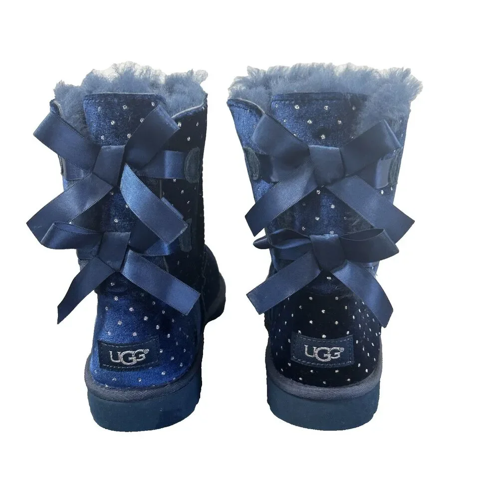 UGG Bailey Bow Starlight Navy Blue Velveet Glitter Boots 1014496Y Youth 5/Wmn 7